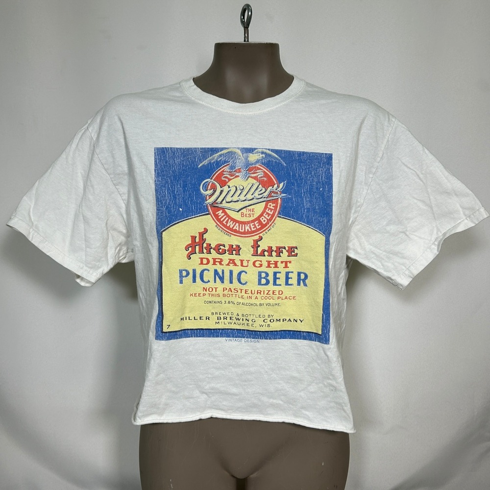 Miller High Life Picnic Beer Fifth Sun Cropped White T-Shirt Women's MEDIUM